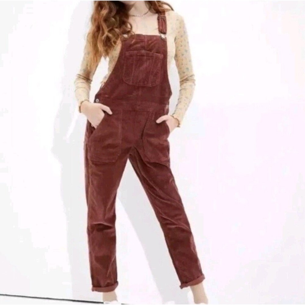 American Eagle AEO Stovepipe Overalls Corduroy Bibs Cottage Pocket Burgundy Sz S